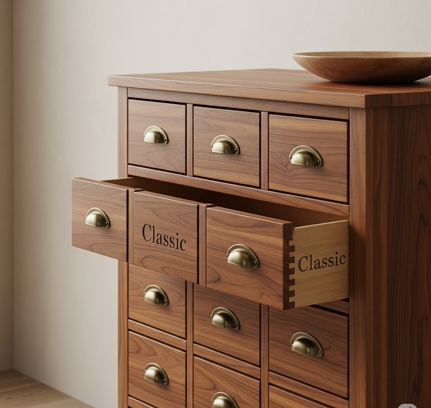 Classic™ Vintage Walnut Apothecary Cabinet – 18‑Drawer Solid Wood Chest with Aged Brass Label Pulls