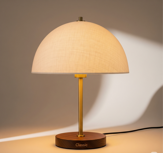Classic™ Linen Dome Table Lamp – Solid Walnut Base, Hand‑Spun Brass Stem, Dimmable E26 LED