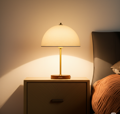 Classic™ Linen Dome Table Lamp – Solid Walnut Base, Hand‑Spun Brass Stem, Dimmable E26 LED