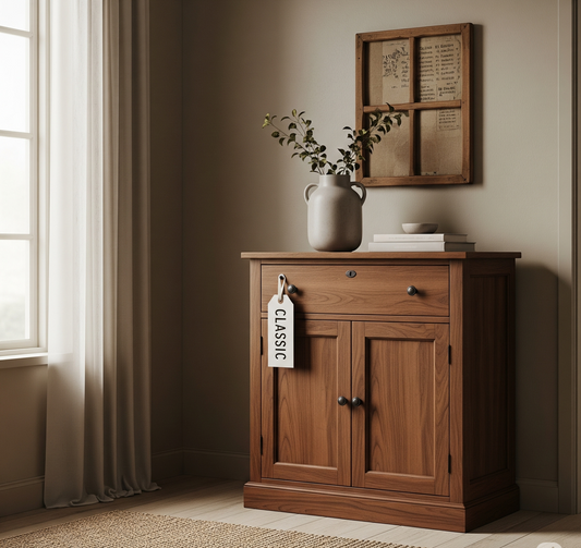 Classic™ Vintage Walnut Apothecary Cabinet – 18‑Drawer Solid Wood Chest with Aged Brass Label Pulls